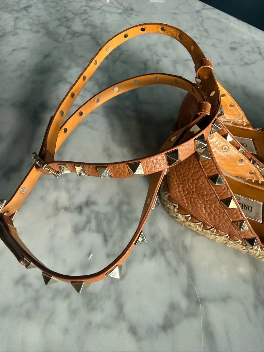 Valentino Garavani Tan Leather Studded Espadrille Flats with Ankle Straps